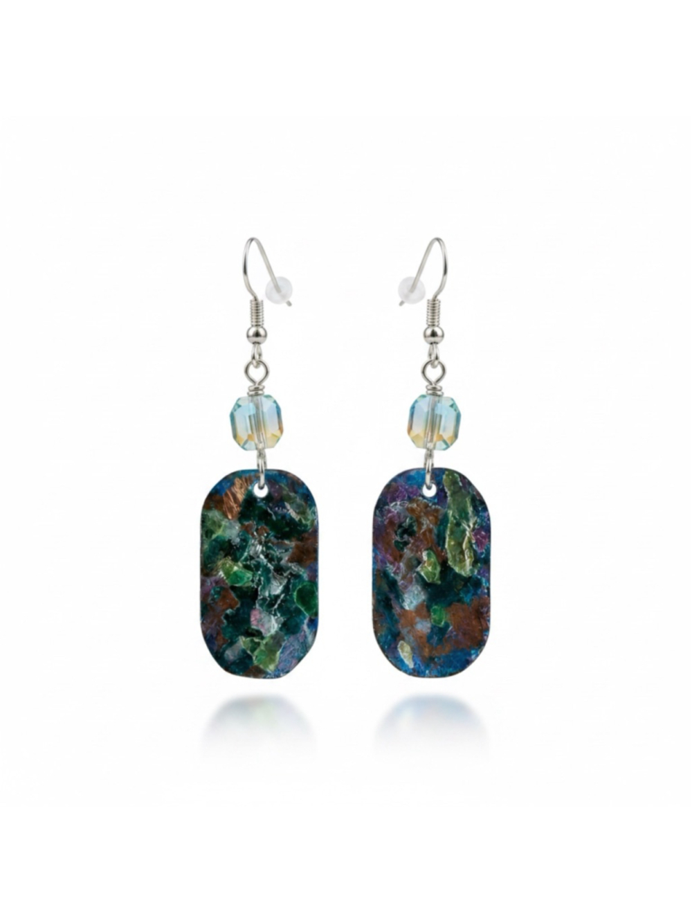 Handmade Painted Copper Earrings Crystal Dangle OOAK Artisan Statement Jewelry - Picture 3 of 3